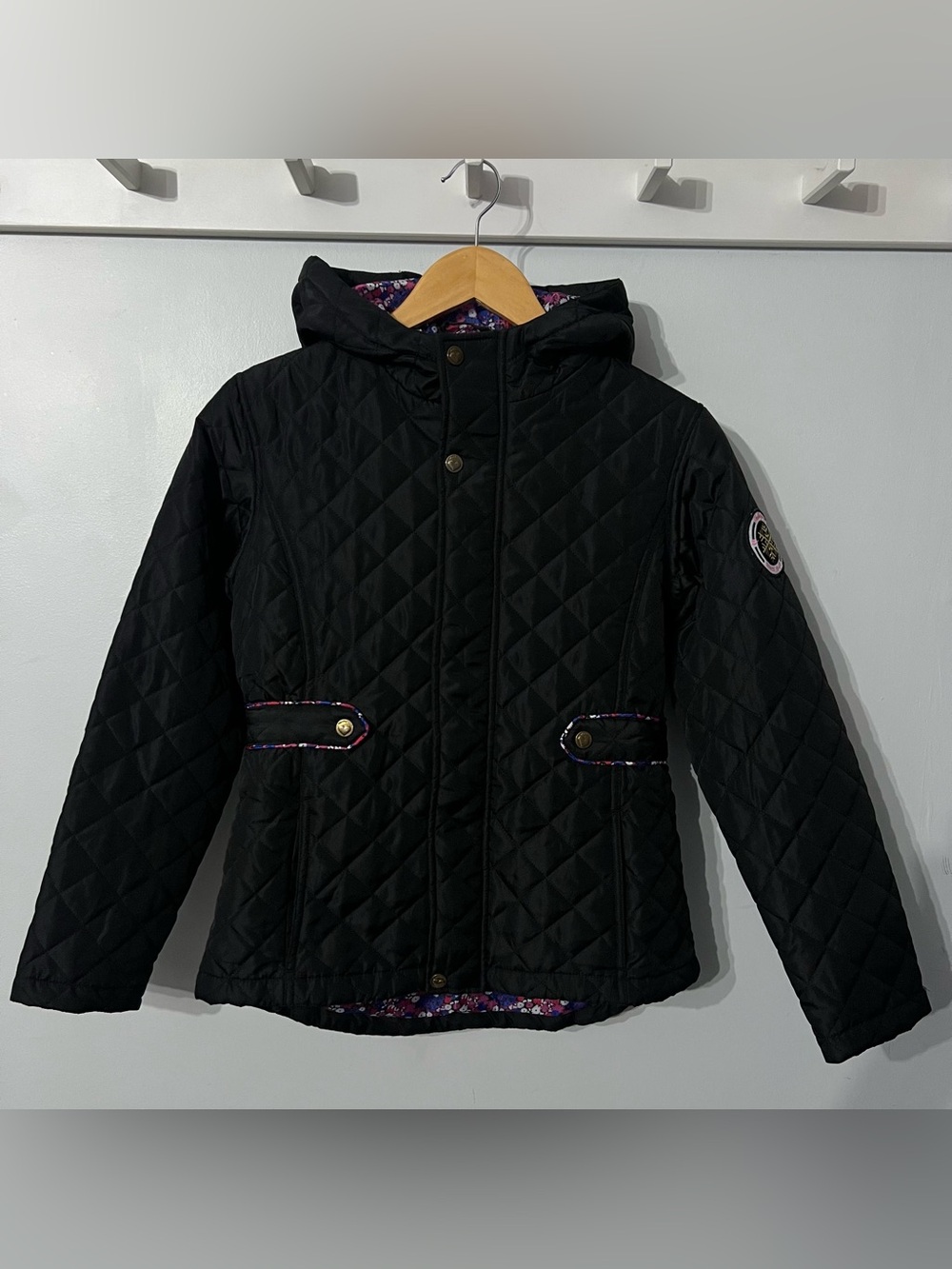 Weatherproof Girl’s L 14/16 Black Quilted Hooded Jacket Floral Lined Pockets